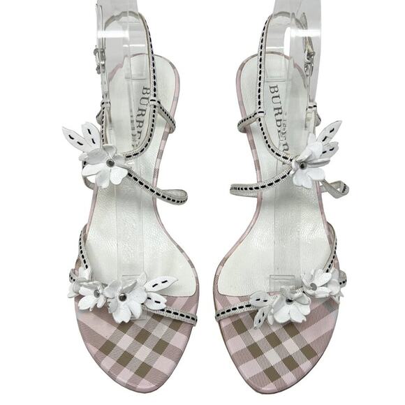 Burberry Check Leather Floral Slingback Sandals Pink Tan EU 37 - Picture 2 of 8